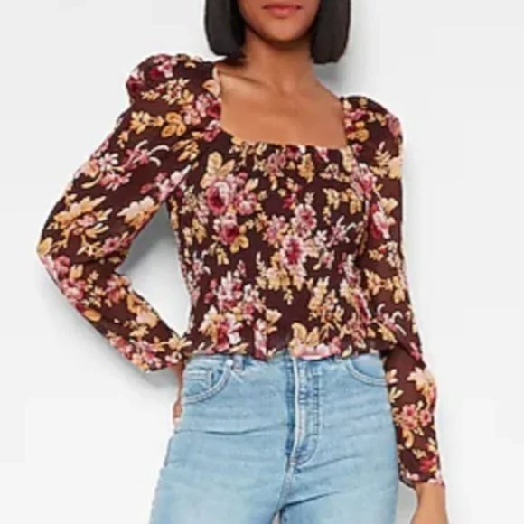 NWT Express Floral Square Neck Smocked Body Top Size XS Fall Season - Picture 5 of 8